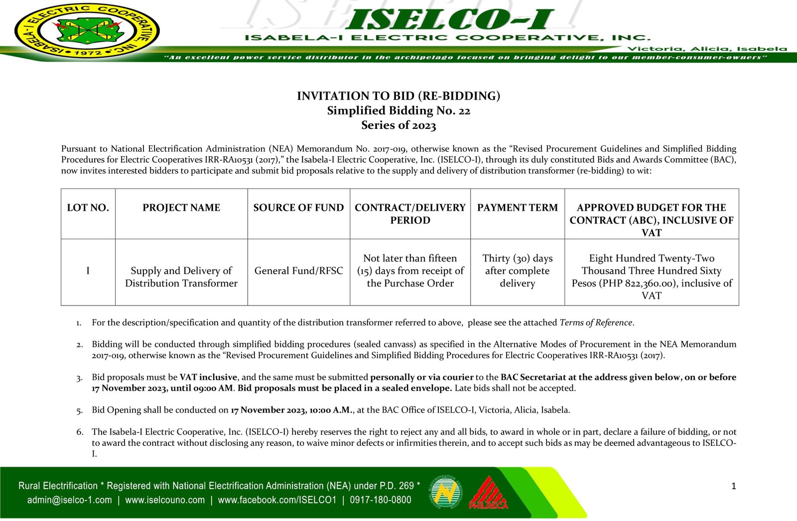 Simplified Bidding No. 22 Series of 2023 - Supply and Delivery of Distribution Transformer (re-bidding)